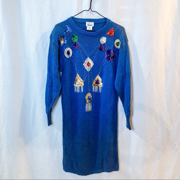 Vintage 80s Sequin Blue Sweater Dress - Picture 5 of 16